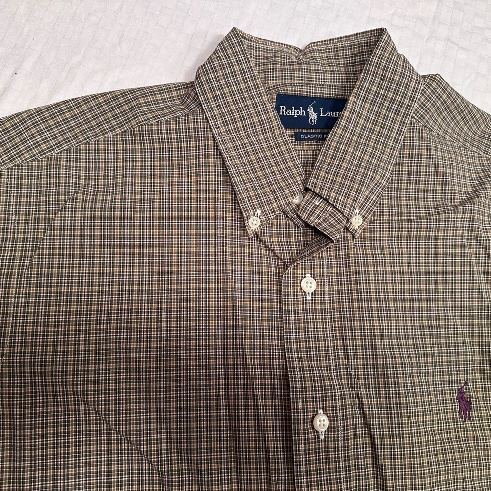 Ralph Lauren Men's Olive Plaid Shirt Size L‎